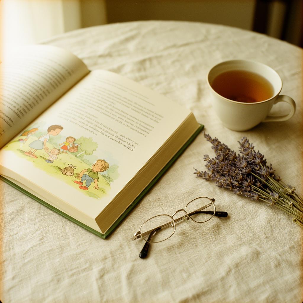 An open hardcover book, a cup of tea, and a sprig of dried lavender on a linen tablecloth.